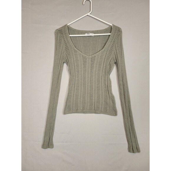 Hollister Juniors Medium Open Knit Fitted Long Sleeve Sweater Pale Green Preppy - Picture 1 of 12